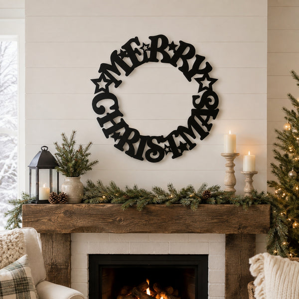 Merry Christmas Wreath Metal Wall Art – Holiday Star Christmas Decor