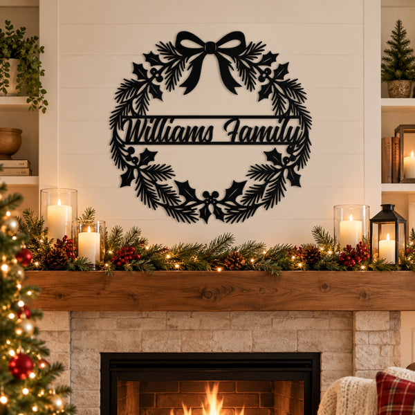 Personalized Christmas Wreath Metal Sign – Custom Family Name Holiday Decor