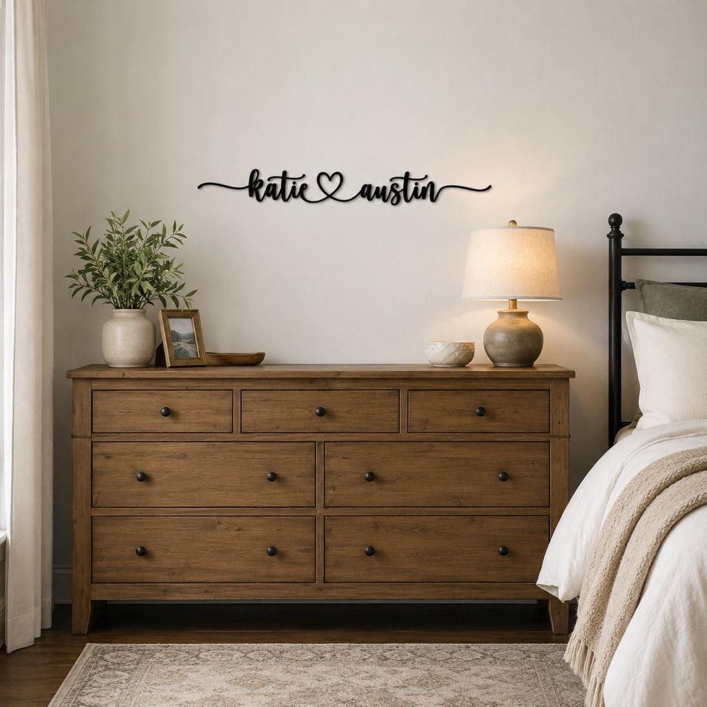 Personalized Couple Name Metal Sign with Heart – Extended Flourish Script