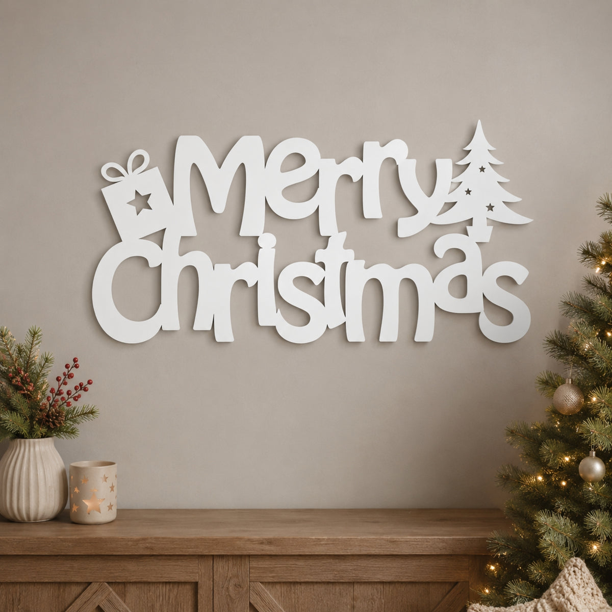 Merry Christmas Metal Wall Art – Gift & Christmas Tree Holiday Sign