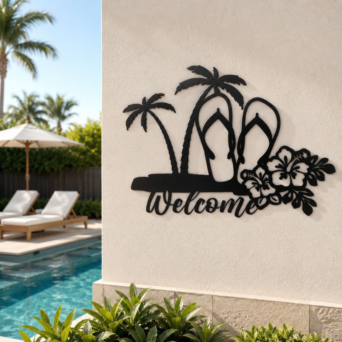 Tropical Welcome Metal Wall Art – Palm Tree & Flip Flop Decor Main image