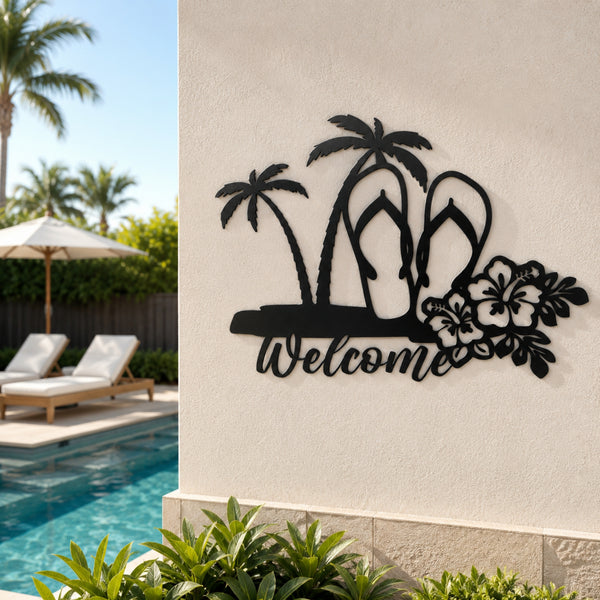 Tropical Welcome Metal Wall Art – Palm Tree & Flip Flop Decor