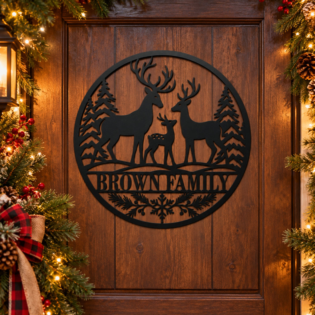 Personalized Deer Family Christmas Metal Sign – Custom Last Name Holiday Decor
