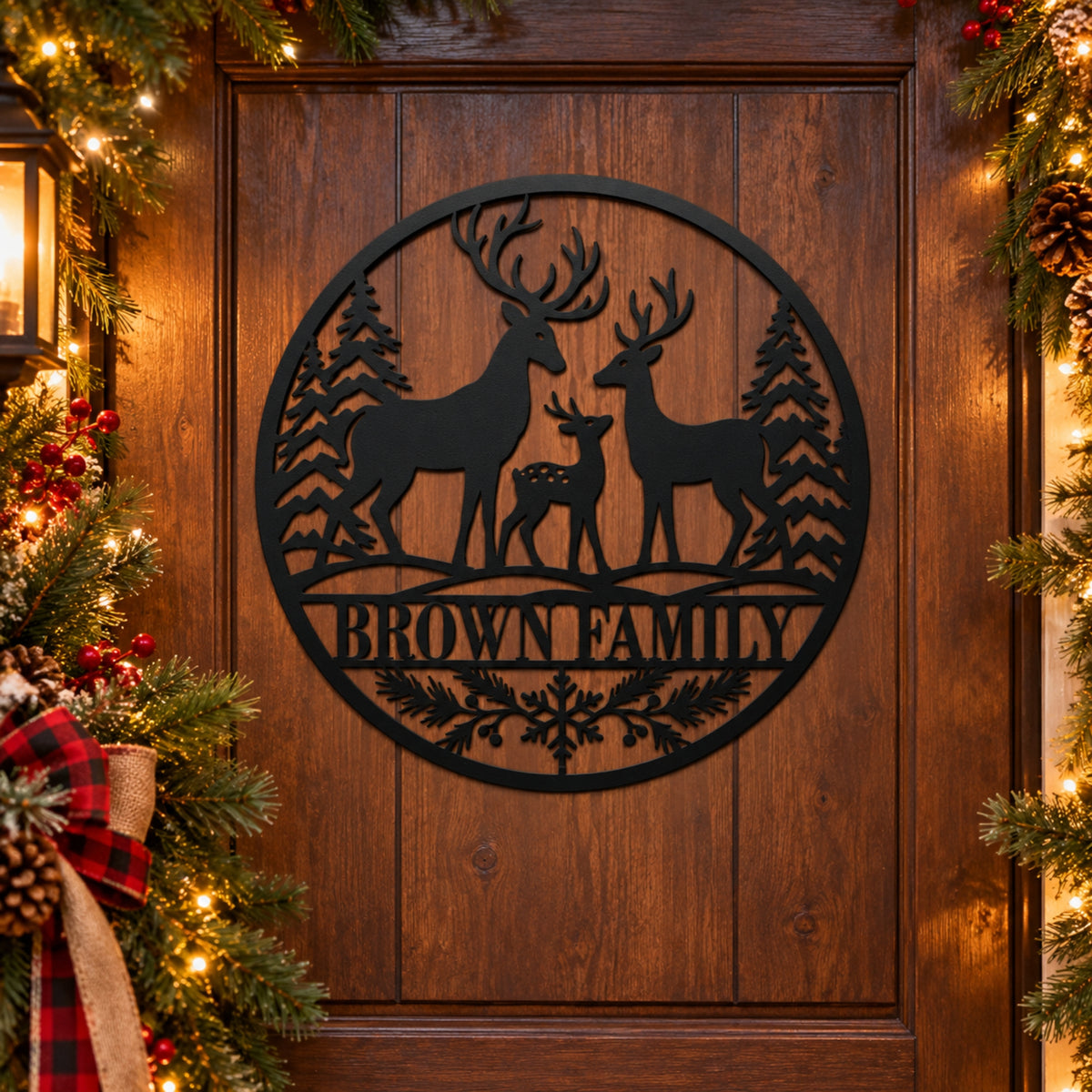 Personalized Deer Family Christmas Metal Sign – Custom Last Name Holiday Decor