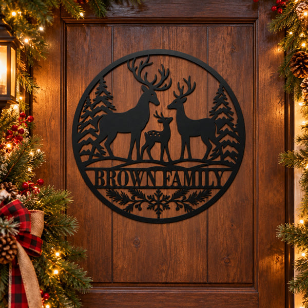 Personalized Deer Family Christmas Metal Sign – Custom Last Name Holiday Decor