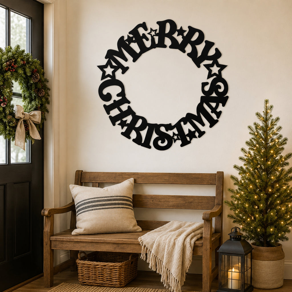Merry Christmas Wreath Metal Wall Art – Holiday Star Christmas Decor