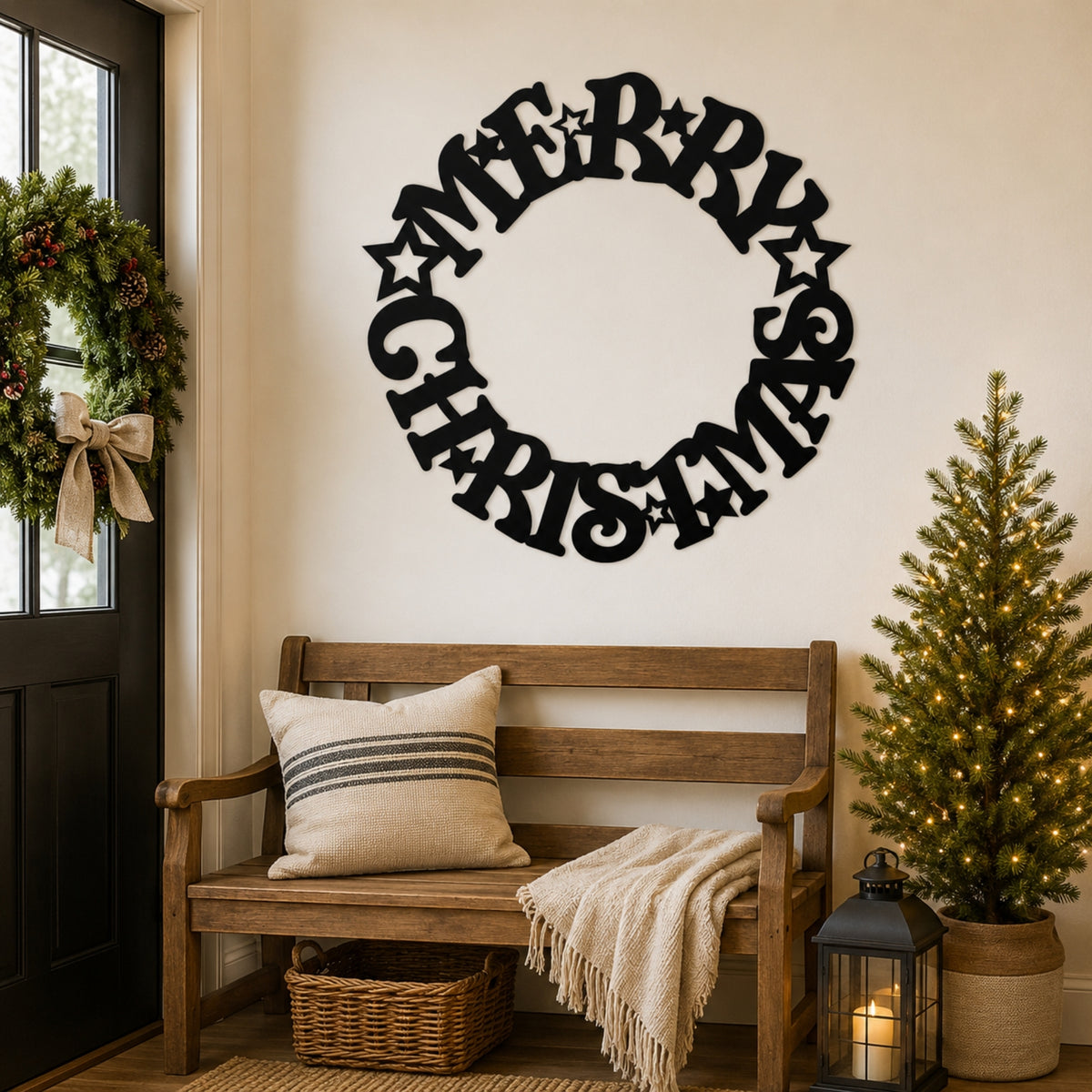 Merry Christmas Wreath Metal Wall Art – Holiday Star Christmas Decor