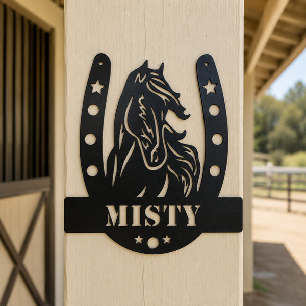 Personalized Horse Name Metal Sign – Horseshoe Equestrian Wall Art
