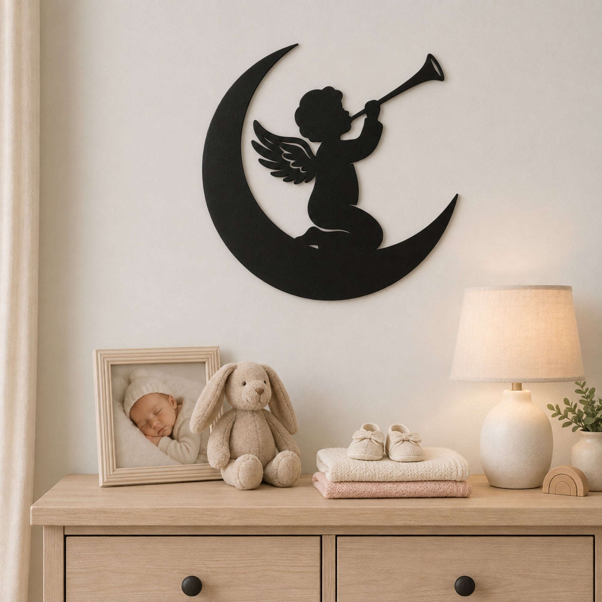Angel on Moon Metal Wall Art – Celestial Nursery Decor