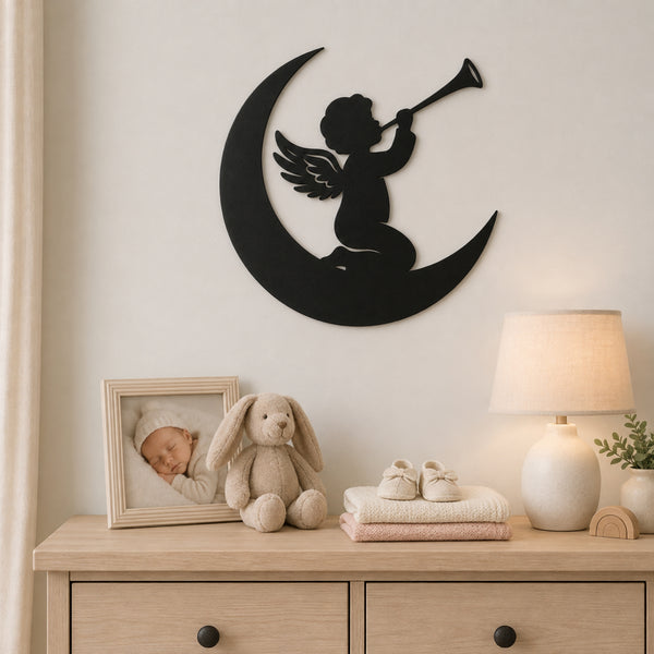 Angel on Moon Metal Wall Art – Celestial Nursery Decor
