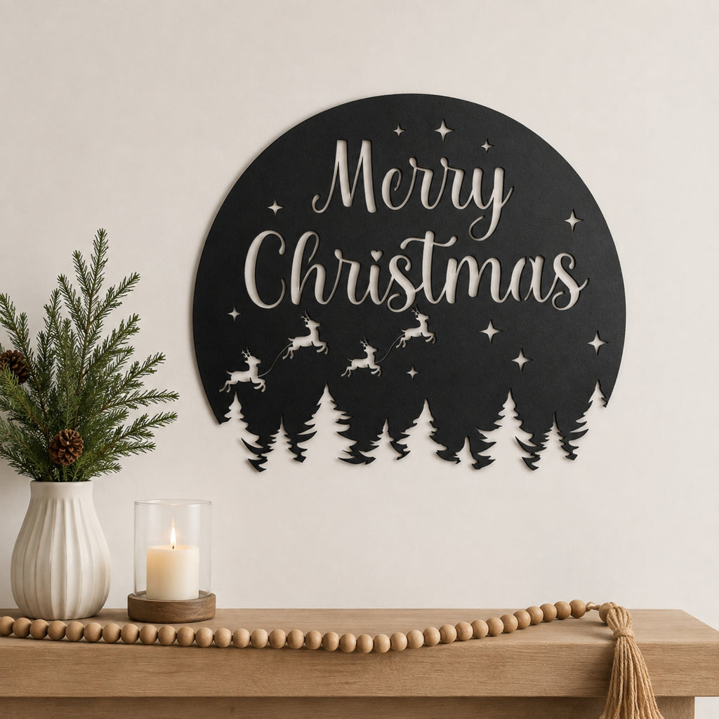 Merry Christmas Metal Wall Art – Reindeer & Pine Tree Holiday Sign