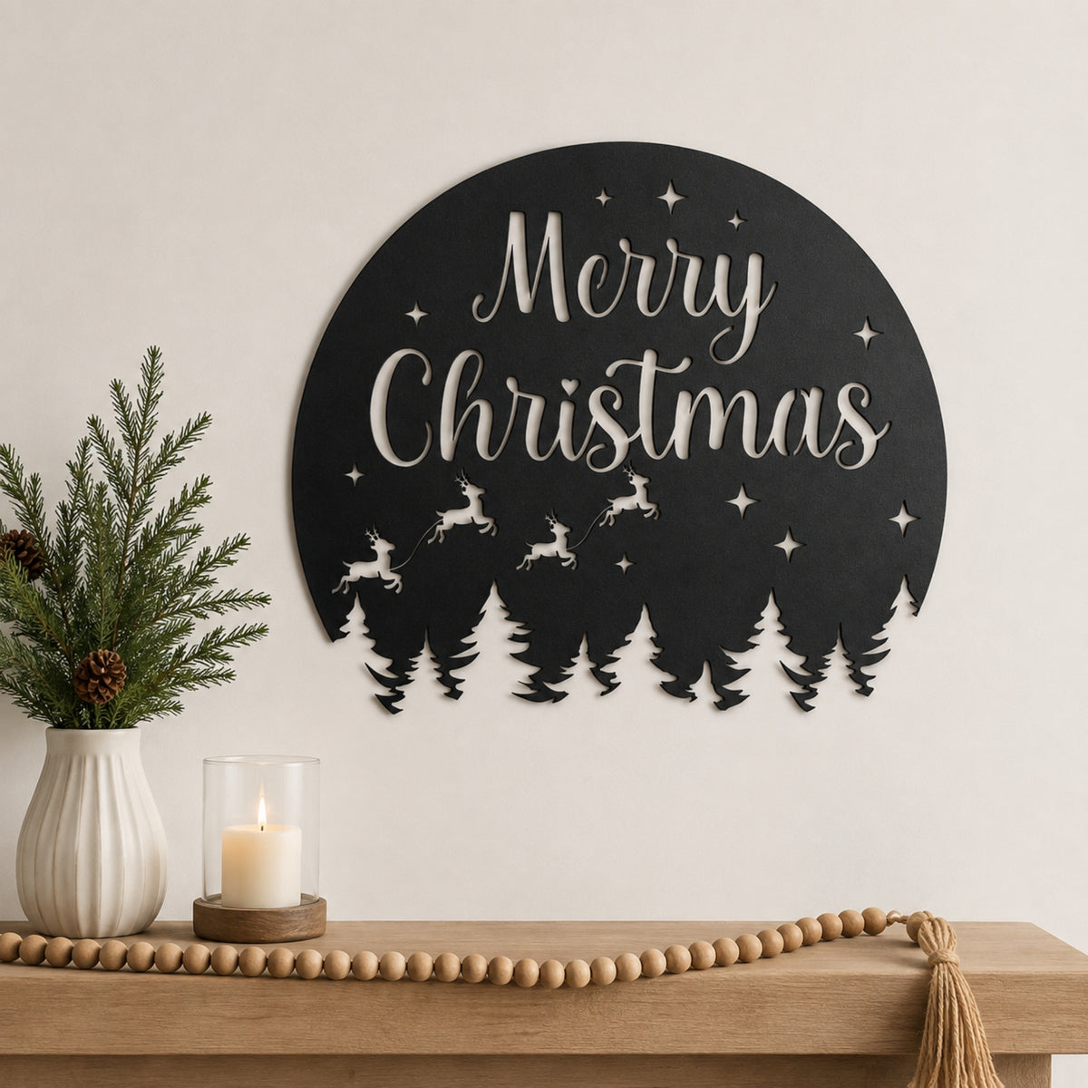 Merry Christmas Metal Wall Art – Reindeer & Pine Tree Holiday Sign