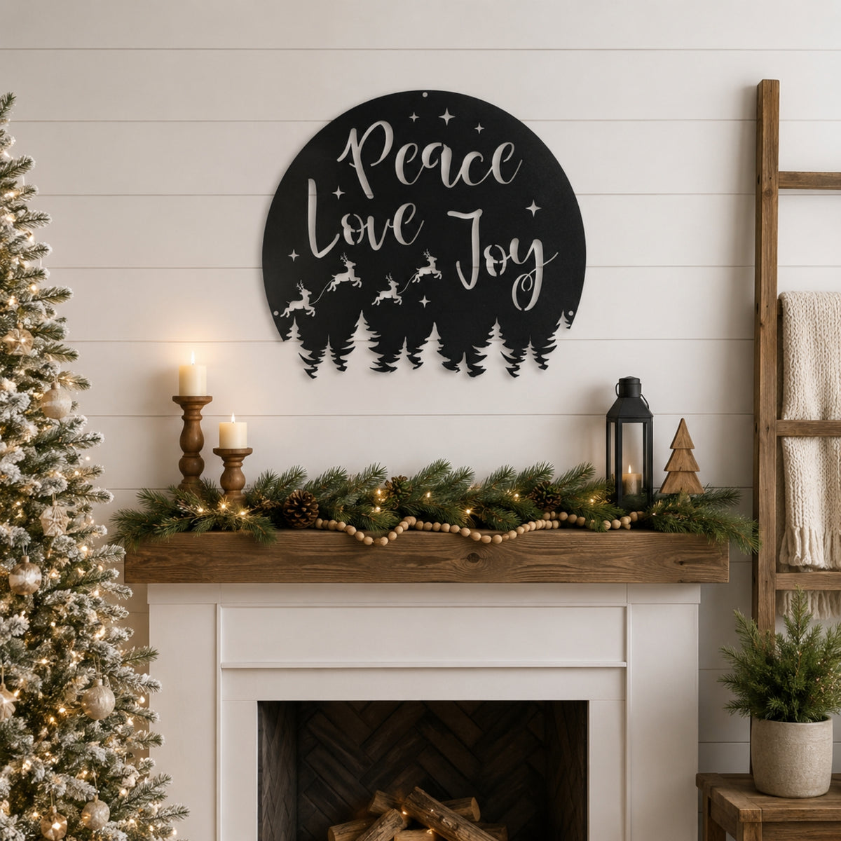 Peace Love Joy Christmas Metal Wall Art – Reindeer & Pine Tree Holiday Sign