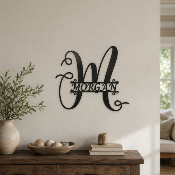 Personalized Script Monogram Family Name Sign – Custom Initial Metal Wall Art