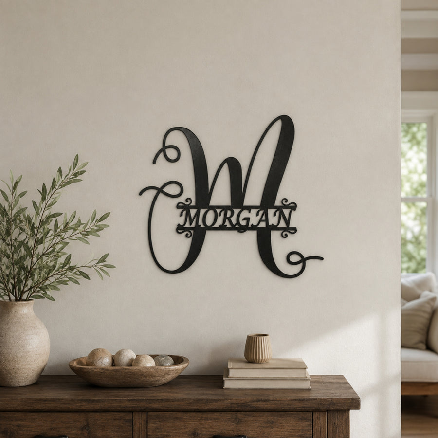 Personalized Script Monogram Family Name Sign – Custom Initial Metal Wall Art