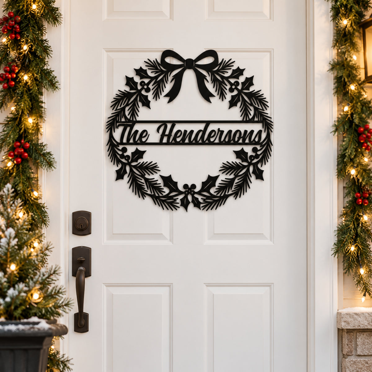 Personalized Christmas Wreath Metal Sign – Custom Family Name Holiday Decor