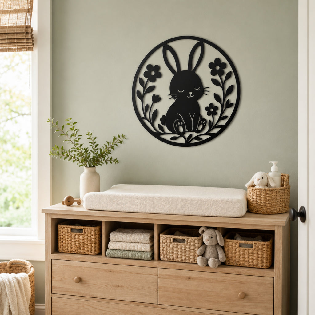 A black metal bunny wall art piece hangs on a sage green wall above a light wood dresser styled with a changing pad, woven baskets, and a small plant.