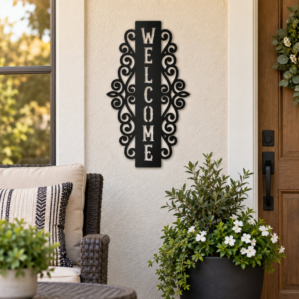 Ornate Welcome Metal Sign – Decorative Porch & Entryway Wall Decor
