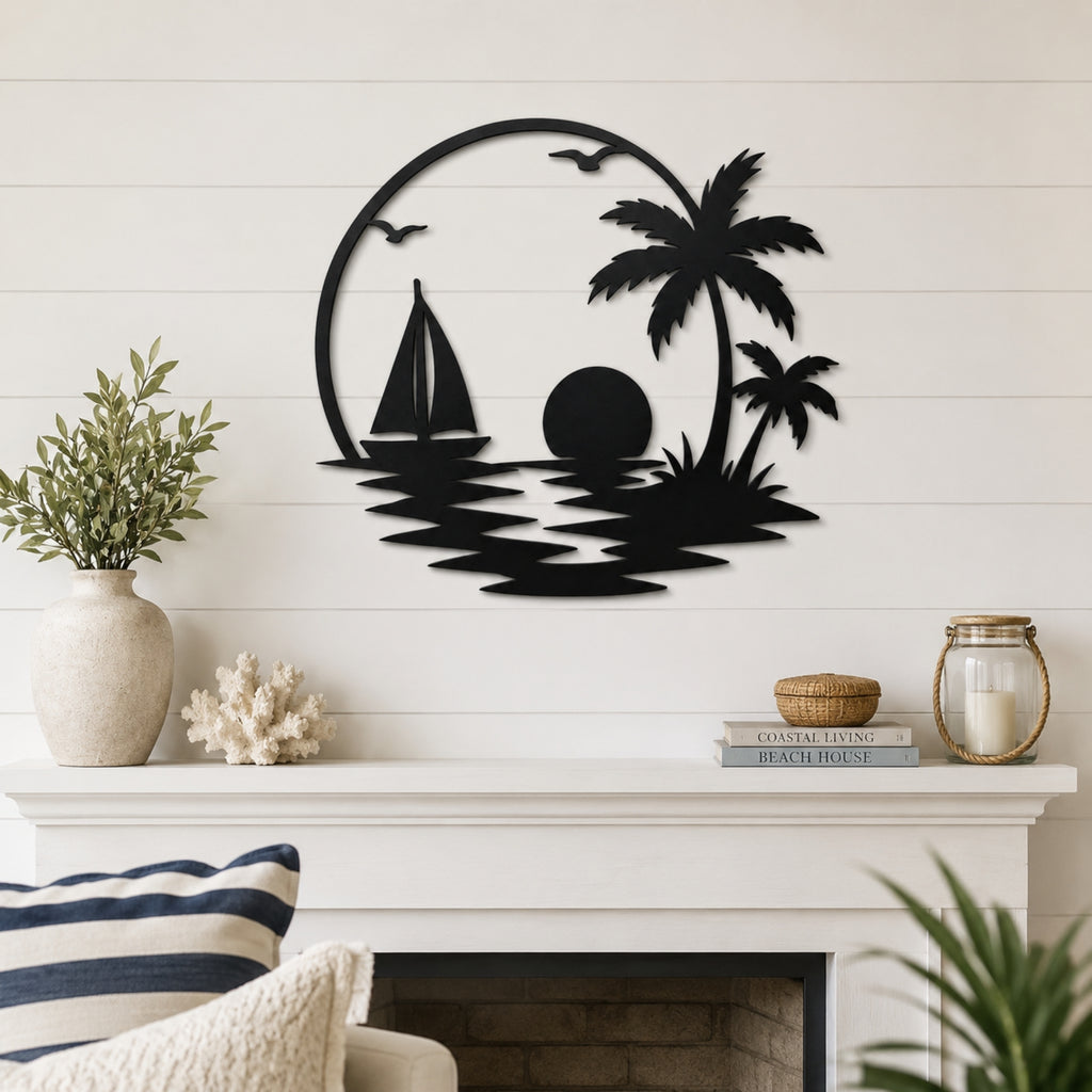 Tropical Sailboat Sunset Metal Wall Art – Palm Tree Coastal Decor
