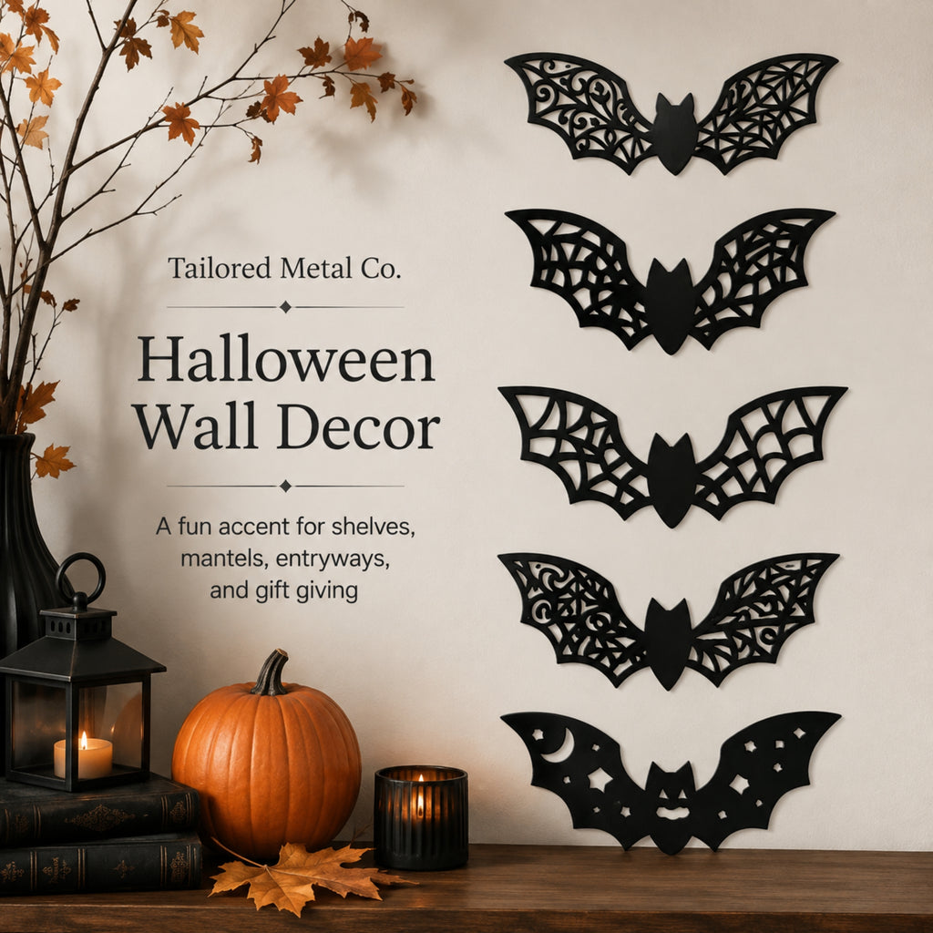 Five black metal bat wall decorations of varying sizes are displayed on a beige wall next to promotional text for 'Tailored Metal Co. Halloween Wall Decor'.