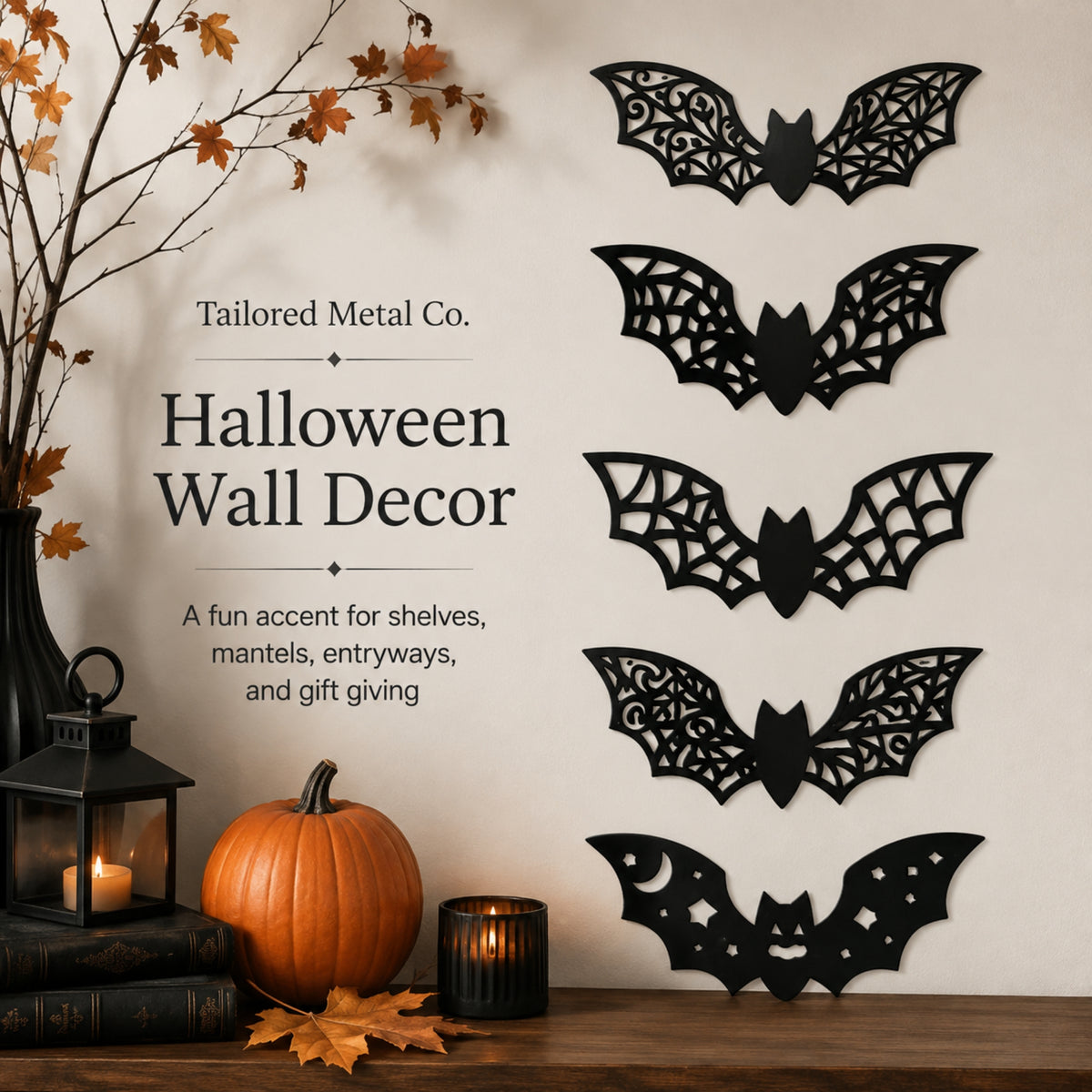 Five black metal bat wall decorations of varying sizes are displayed on a beige wall next to promotional text for 'Tailored Metal Co. Halloween Wall Decor'.