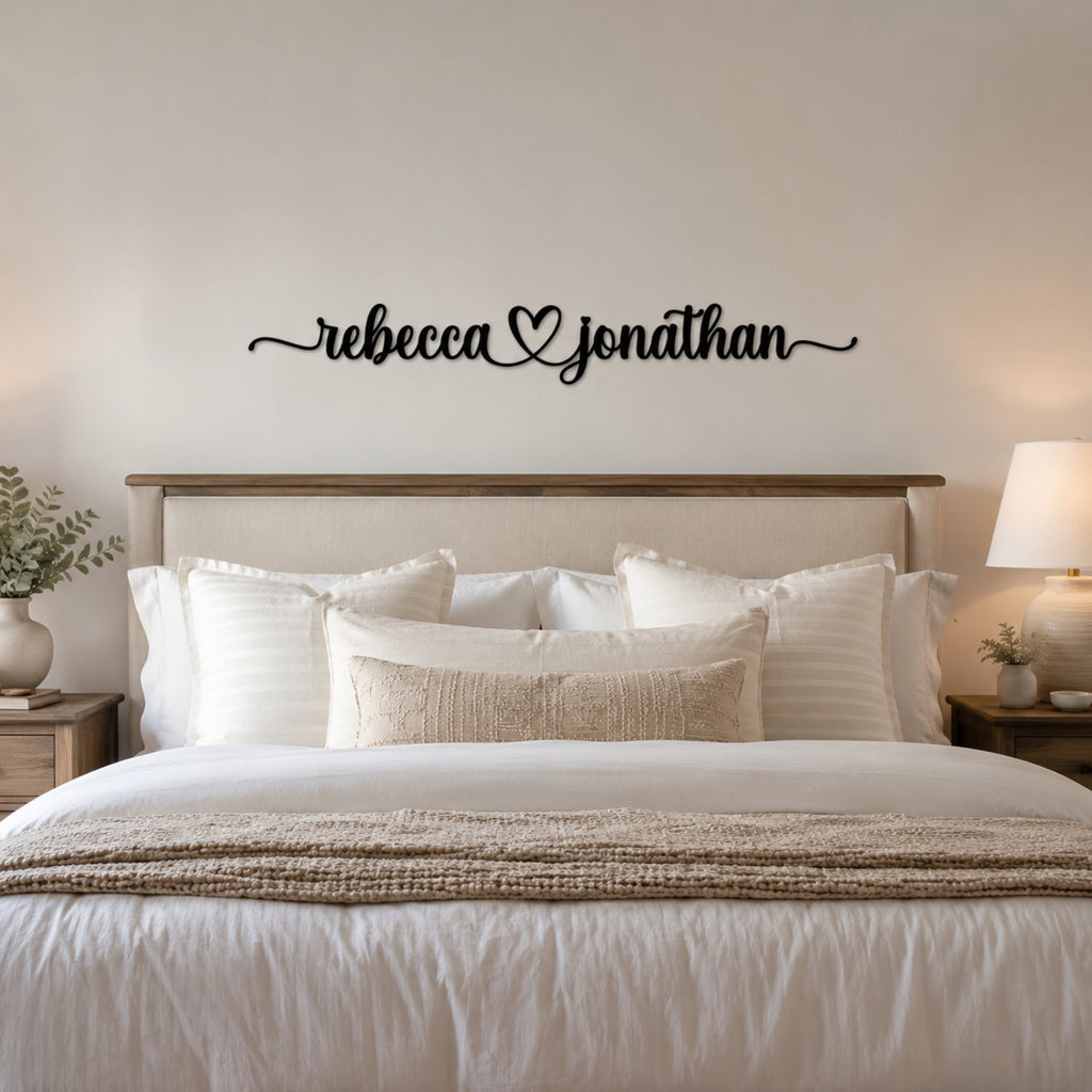 Personalized Couple Name Metal Sign with Heart – Romantic Script with Flourish Tails