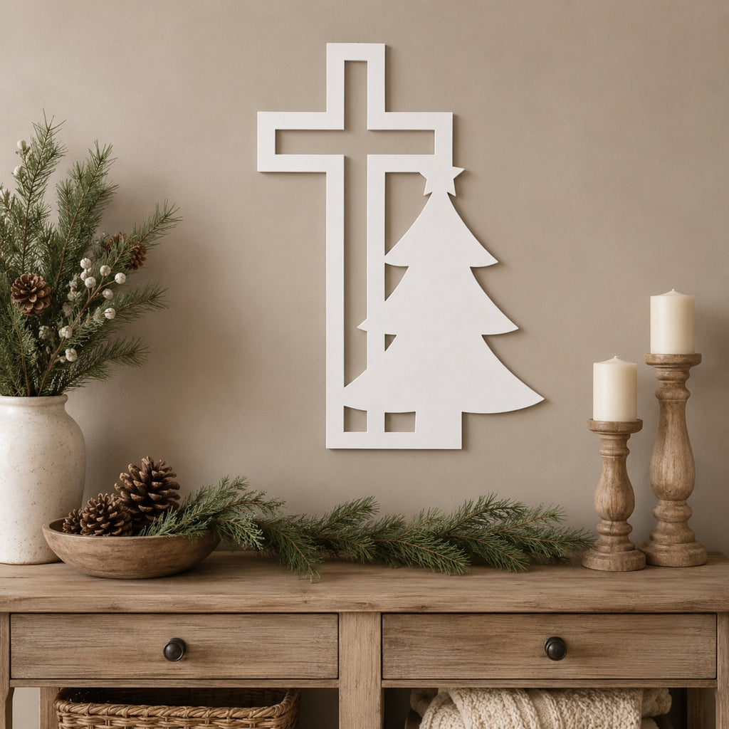 Christian Cross & Christmas Tree Metal Wall Art – Holiday Faith Decor