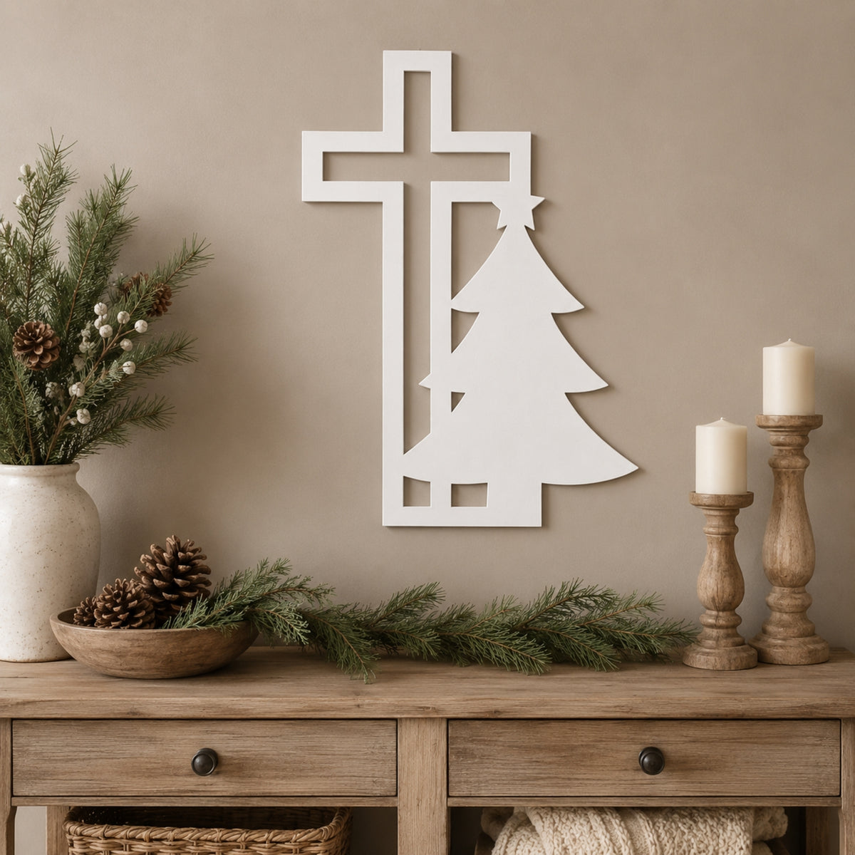 Christian Cross & Christmas Tree Metal Wall Art – Holiday Faith Decor