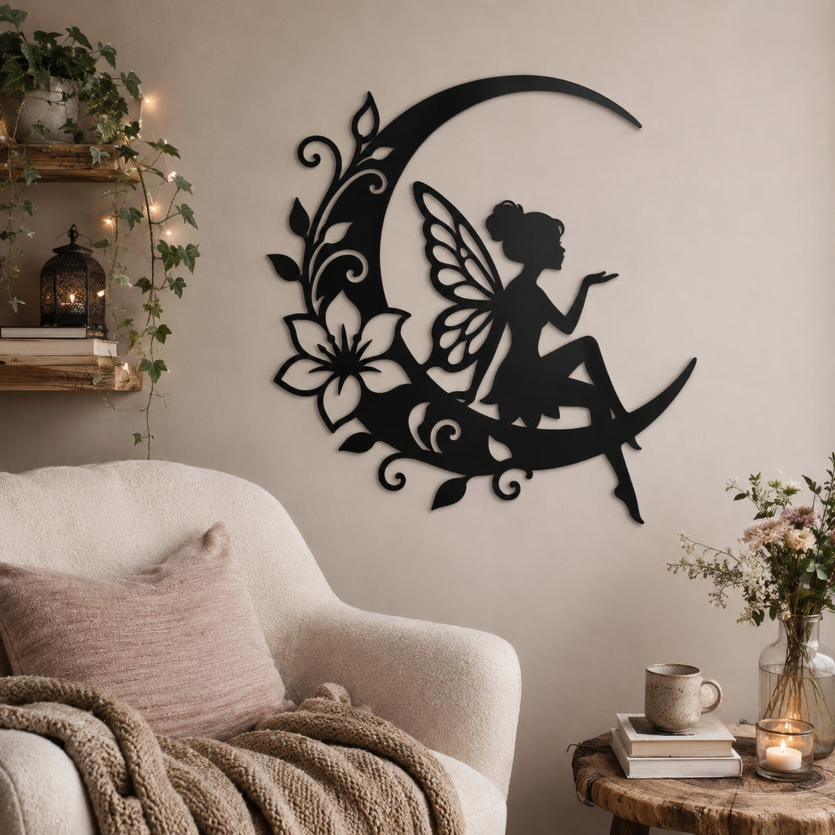 Fairy on Crescent Moon Metal Wall Art – Floral Fairy Wall Decor