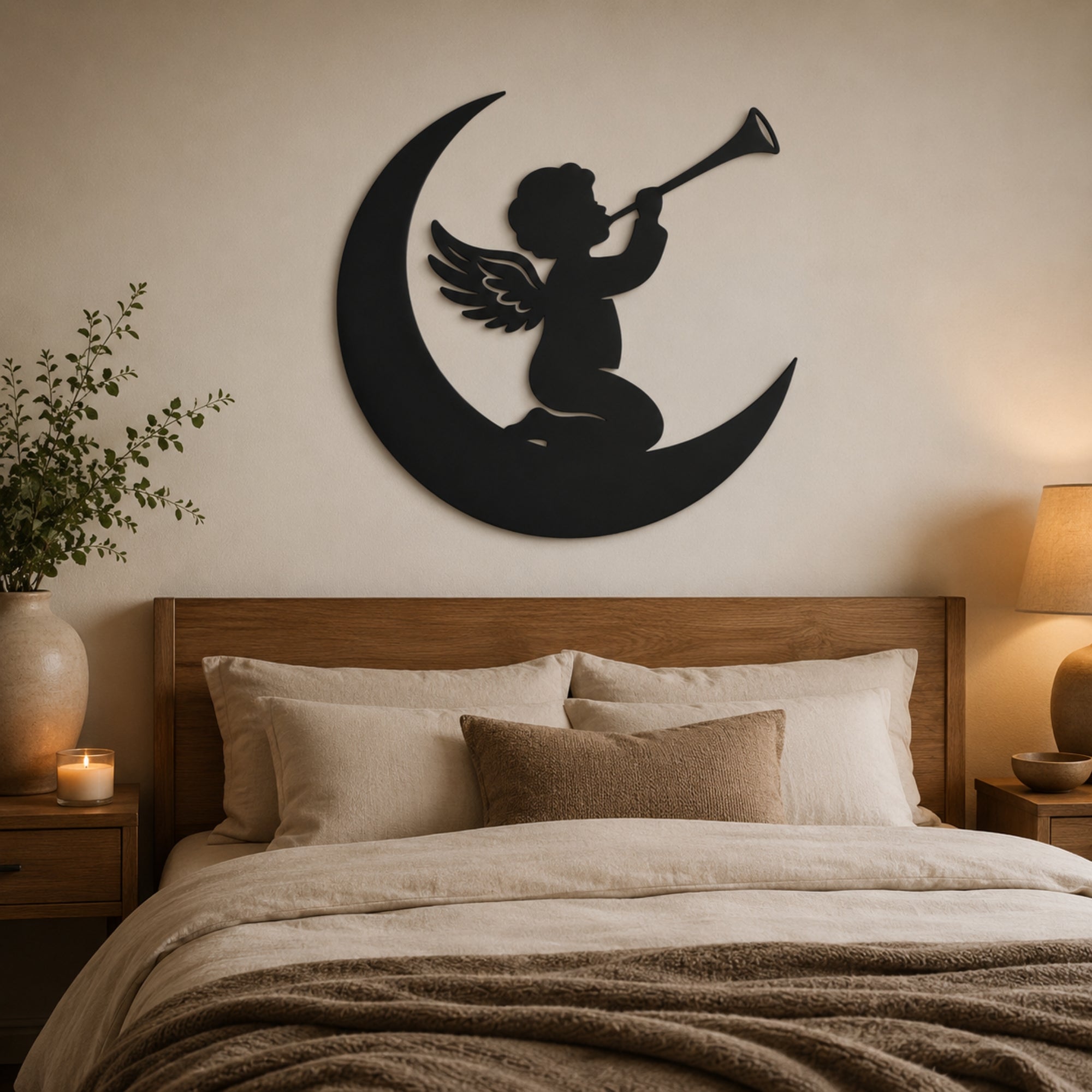 Angel on Moon Metal Wall Art – Celestial Nursery Decor