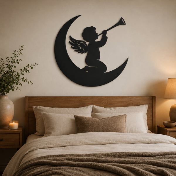 Angel on Moon Metal Wall Art – Celestial Nursery Decor