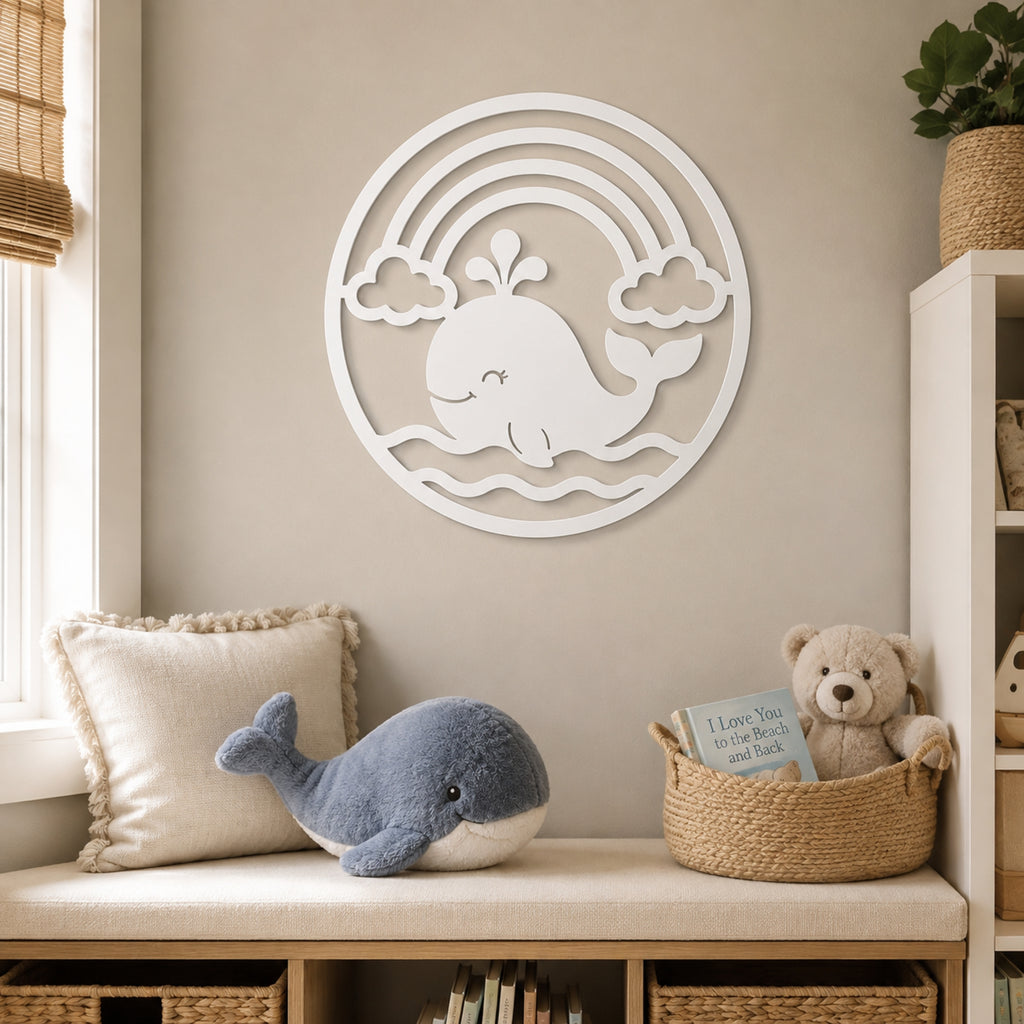 A white circular wall art piece featuring a whale, clouds, and rainbow arches, displayed on a beige wall above a cushioned bench with pillows, a plush whale, and a teddy bear in a nursery setting.