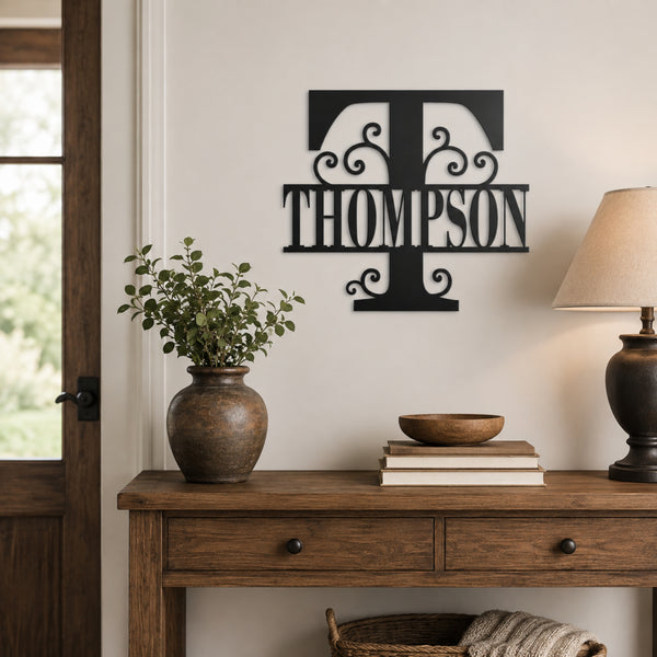 Personalized Scroll Monogram Family Name Sign – Custom Initial Metal Wall Art