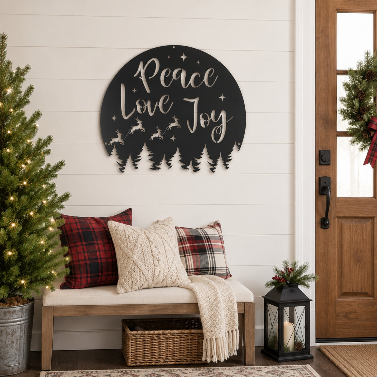 Peace Love Joy Christmas Metal Wall Art – Reindeer & Pine Tree Holiday Sign