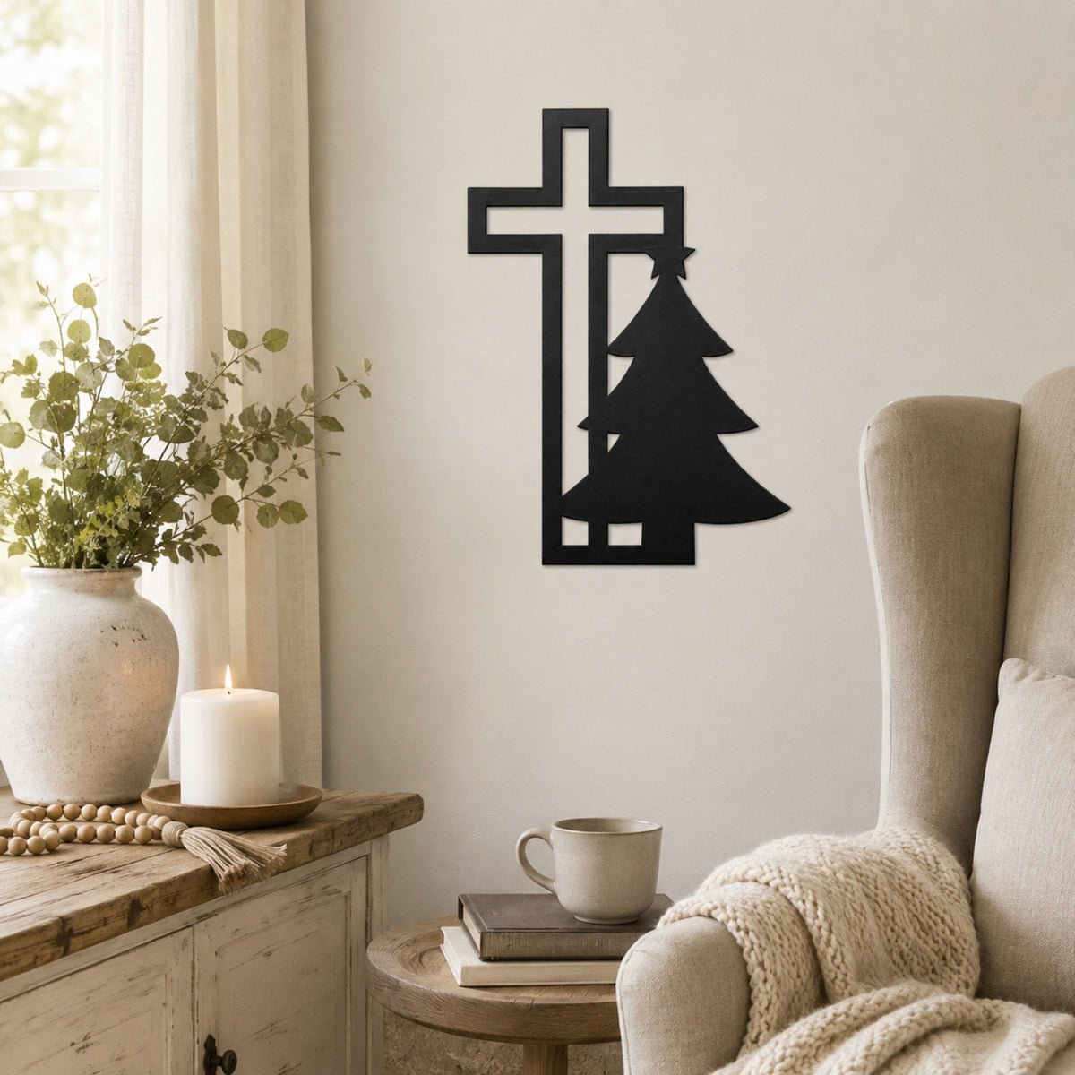 Christian Cross & Christmas Tree Metal Wall Art – Holiday Faith Decor