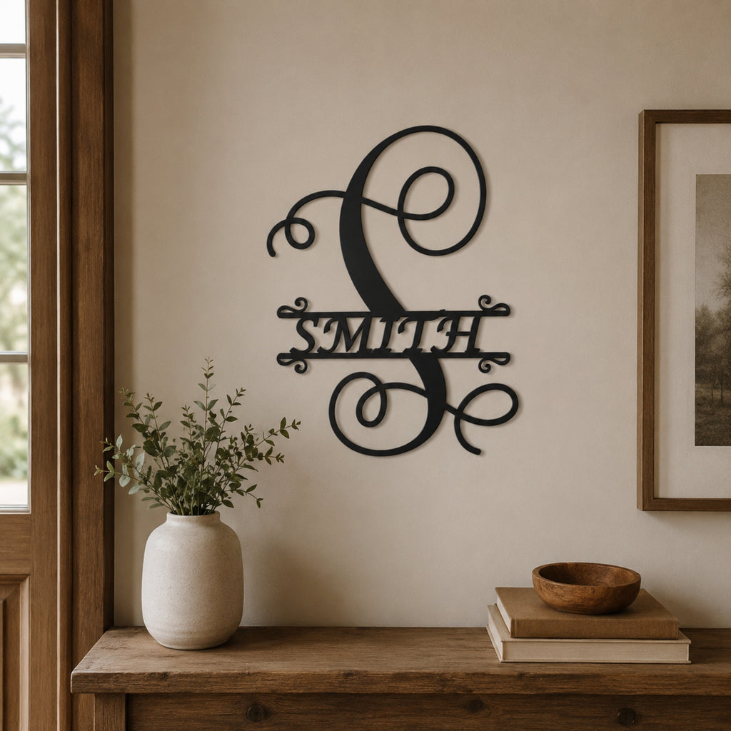 Personalized Script Monogram Family Name Sign – Custom Initial Metal Wall Art