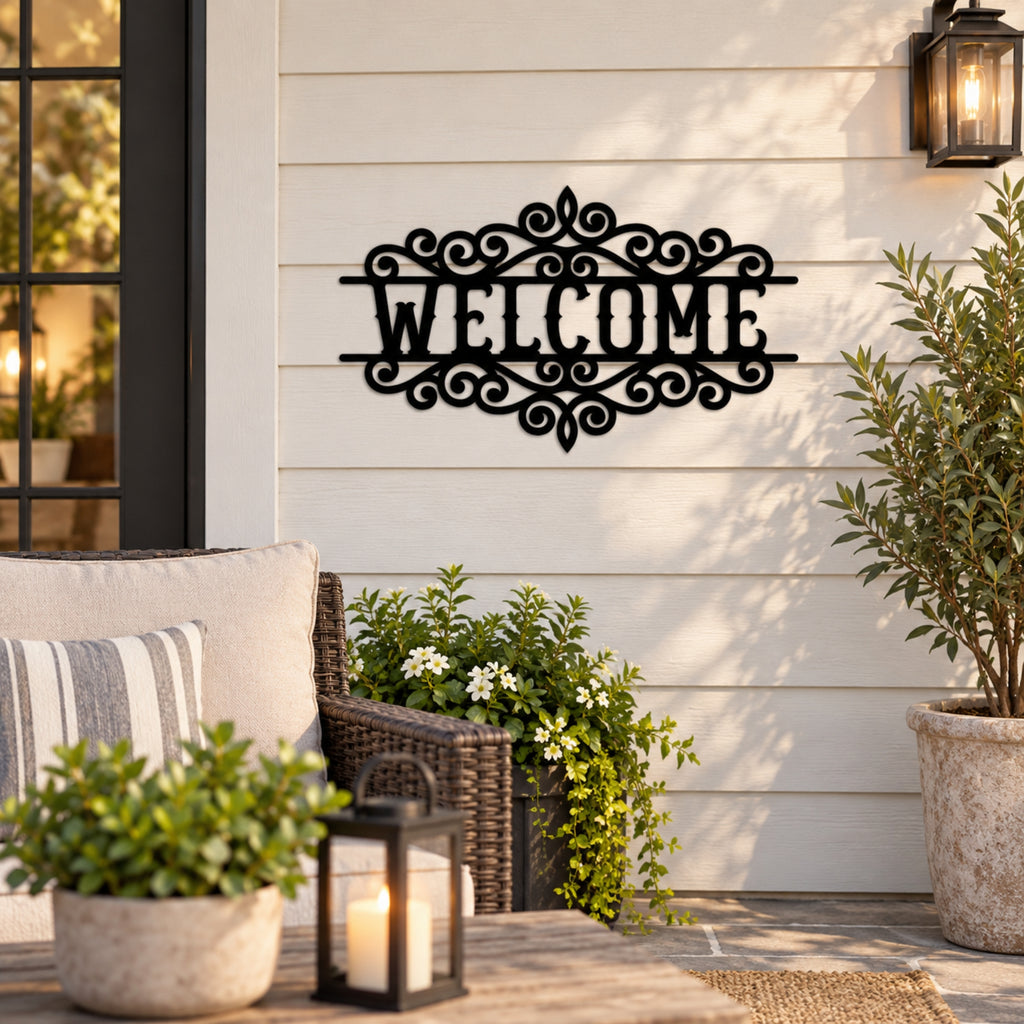 Ornate Welcome Metal Sign – Decorative Porch & Entryway Wall Decor