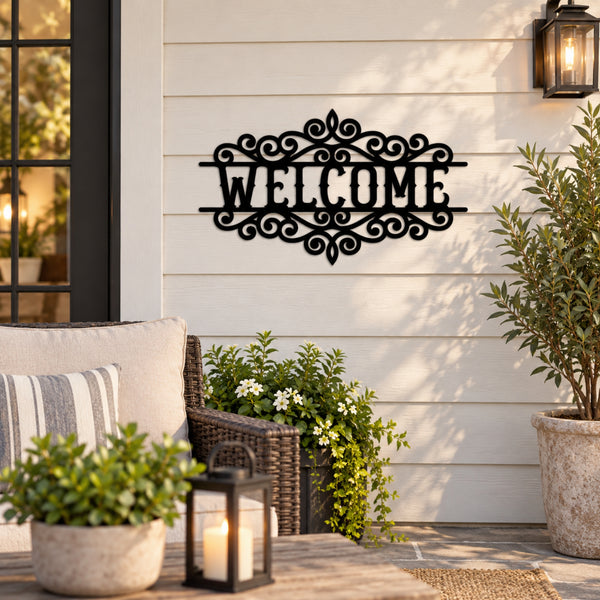Ornate Welcome Metal Sign – Decorative Porch & Entryway Wall Decor
