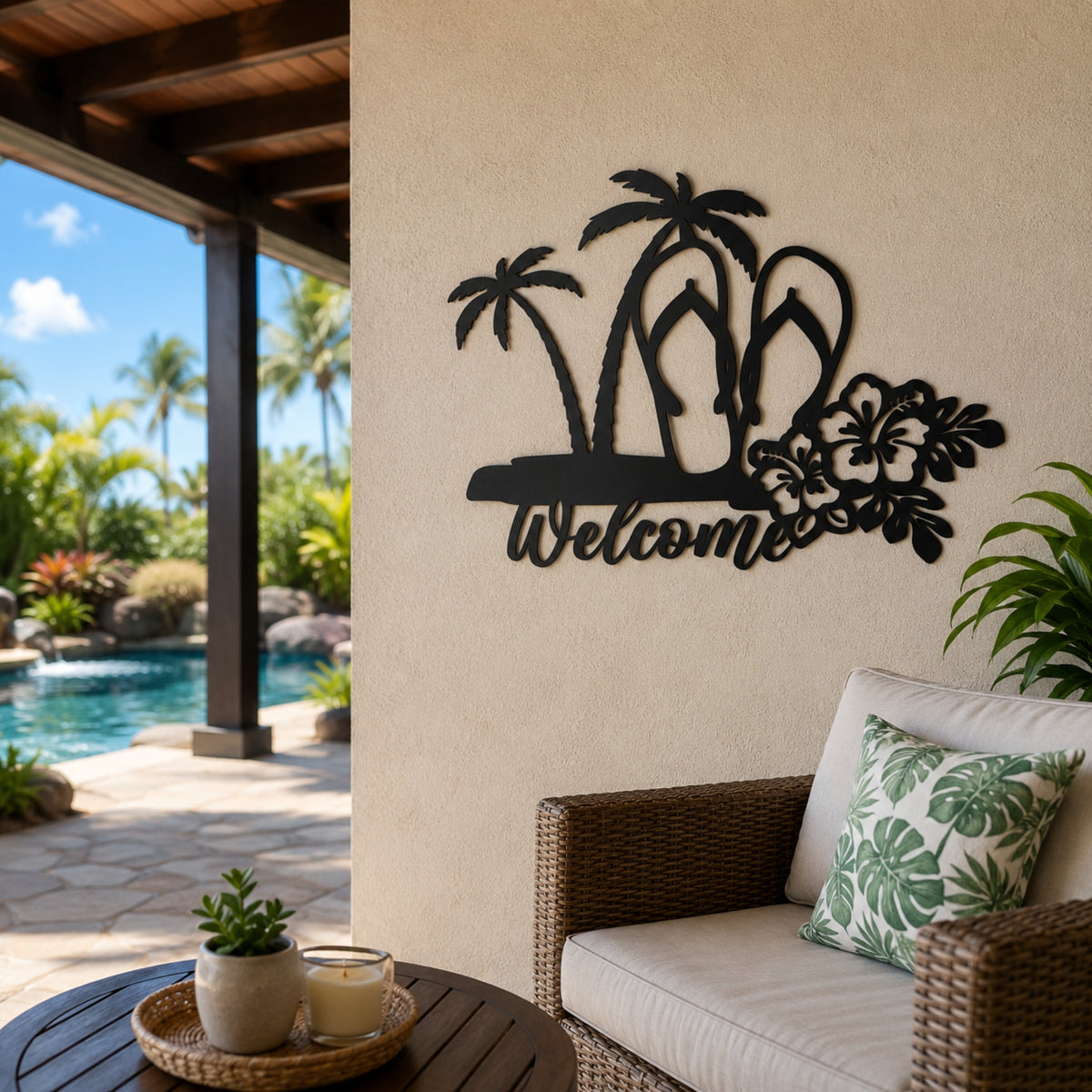 Tropical Welcome Metal Wall Art – Palm Tree & Flip Flop Decor