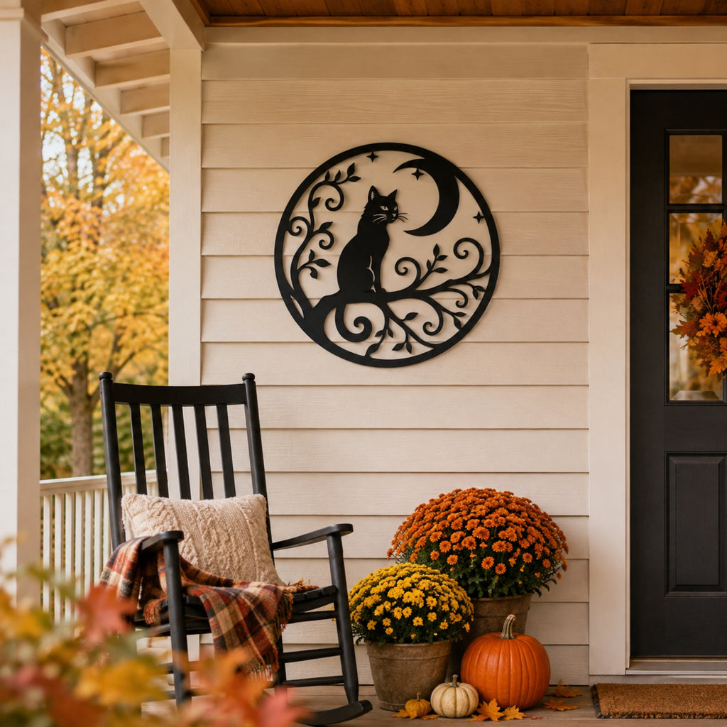 A black metal wall decor piece featuring a cat silhouette on a crescent moon and swirling branches, mounted on a beige house porch next to a black rocking chair and autumn flower arrangements.