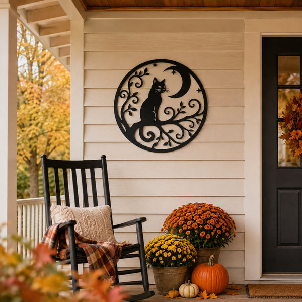 A black metal wall decor piece featuring a cat silhouette on a crescent moon and swirling branches, mounted on a beige house porch next to a black rocking chair and autumn flower arrangements.