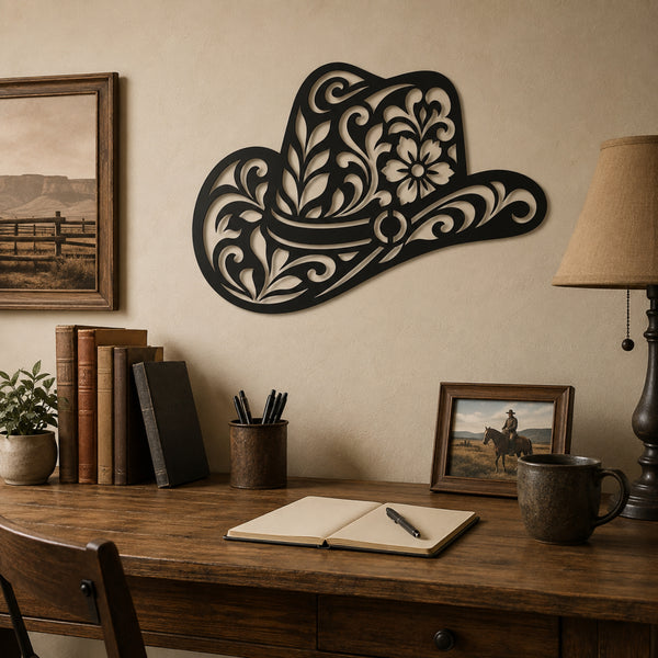 A black metal cowboy hat wall decor piece with intricate floral scrollwork, mounted on a beige wall above a rustic wooden desk decorated with books, a mug, and a lamp.