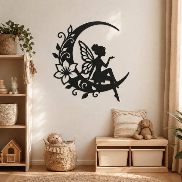 Fairy on Crescent Moon Metal Wall Art – Floral Fairy Wall Decor