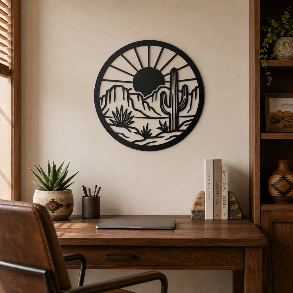 A circular black metal wall art piece featuring a desert landscape with a cactus and sun, mounted on a beige wall above a wooden desk in a styled home office.
