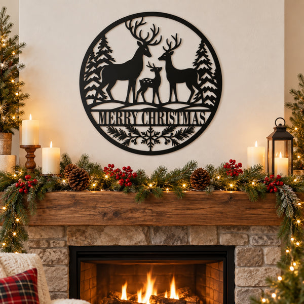 Personalized Deer Family Christmas Metal Sign – Custom Last Name Holiday Decor