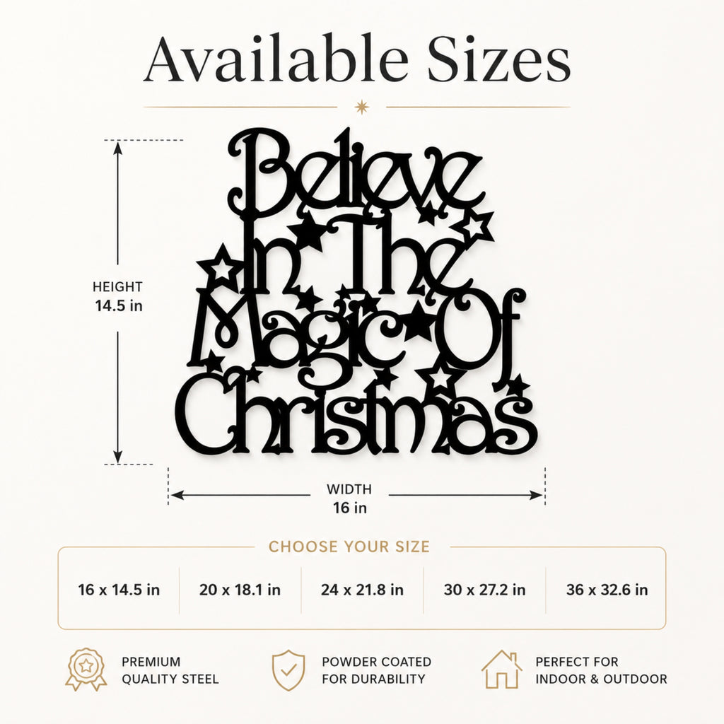 Available sizes chart for a black metal Christmas sign reading 'Believe In The Magic Of Christmas' with dimension labels showing height 14.5 in and width 16 in, plus a size selection table and product feature icons.