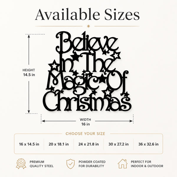 Available sizes chart for a black metal Christmas sign reading 'Believe In The Magic Of Christmas' with dimension labels showing height 14.5 in and width 16 in, plus a size selection table and product feature icons.