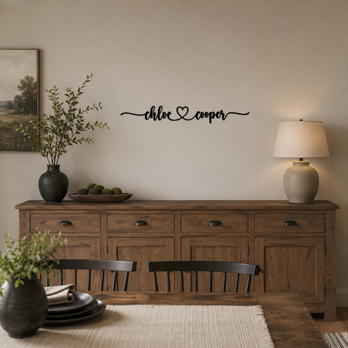 Personalized Couple Name Metal Sign with Heart – Extended Flourish Script