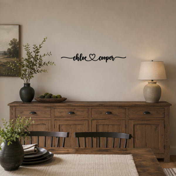 Personalized Couple Name Metal Sign with Heart – Extended Flourish Script