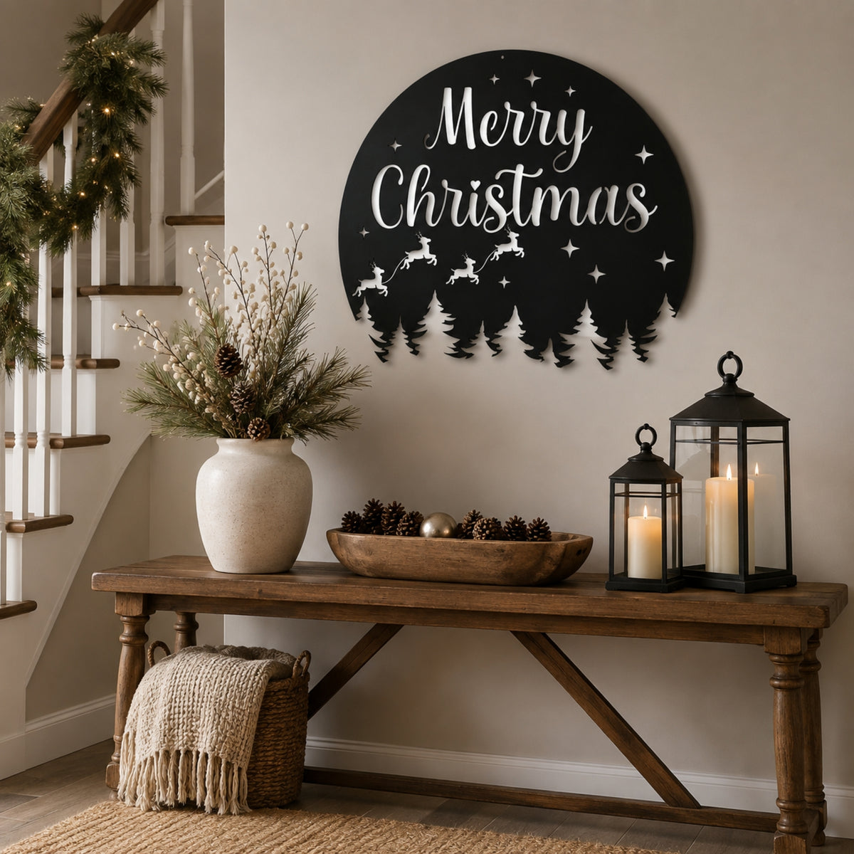 Merry Christmas Metal Wall Art – Reindeer & Pine Tree Holiday Sign